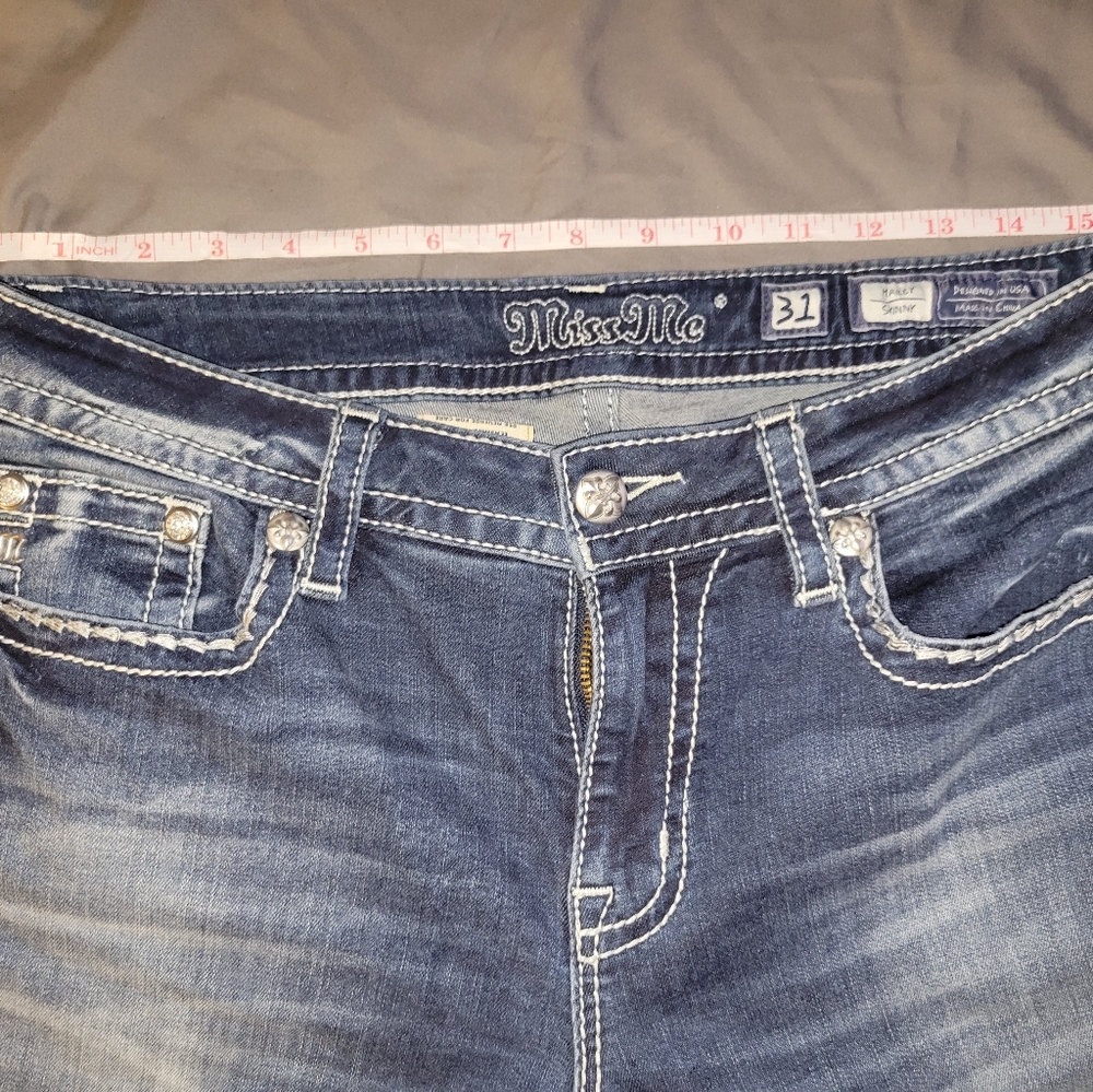 Miss Me Jeans, 31x29 1/2". Worn a hand full of times. Smoke free home. No flaws.